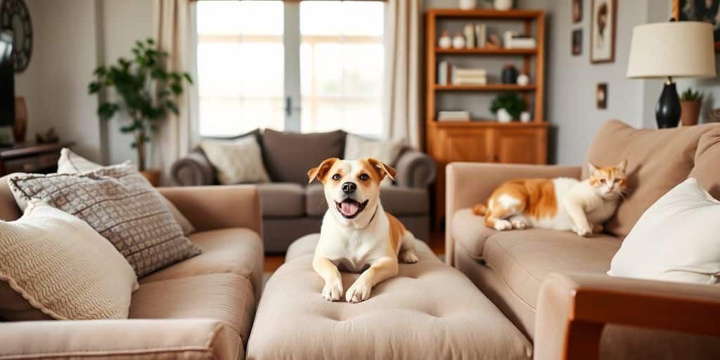 Perro y gato en muebles de sala de estar.