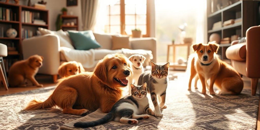 Vivienda armoniosa con varios animales jugando juntos.
