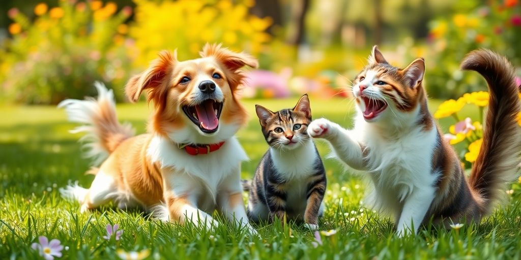 Um cachorro feliz e dois gatos brincalhões, personificando os hábitos que iluminam a vida do seu animal de estimação, sentam-se na grama em meio a flores coloridas sob a luz do sol.