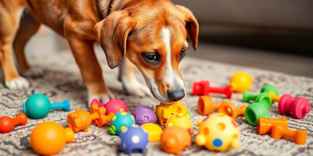 Perro jugando con juguetes de olfato en casa.