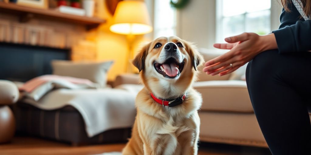 Un perro obediente en casa recibiendo órdenes.