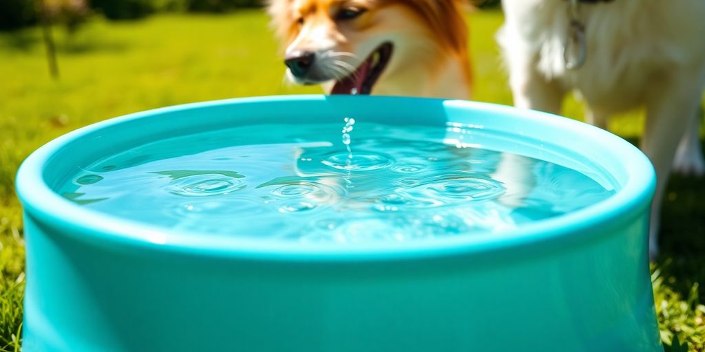 Cuenco de agua limpio con un perro feliz alrededor.
