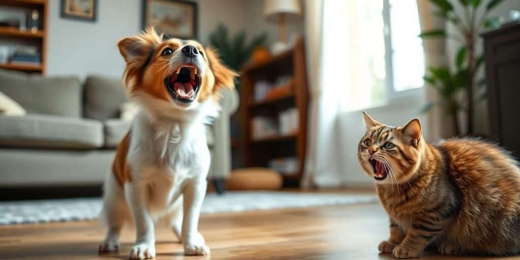 Perro ladrando y gato maullando en casa.