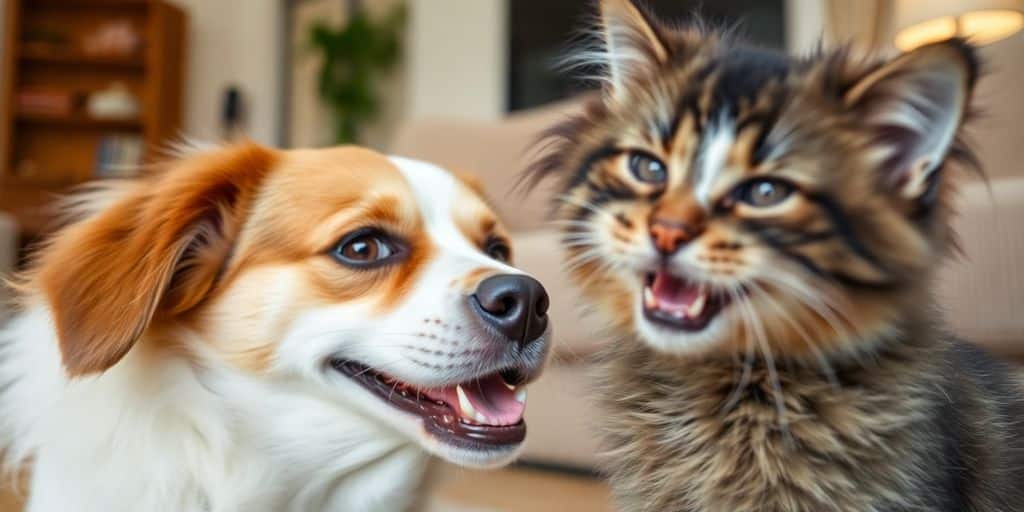 Perro y gato jugando juntos en una sala acogedora.