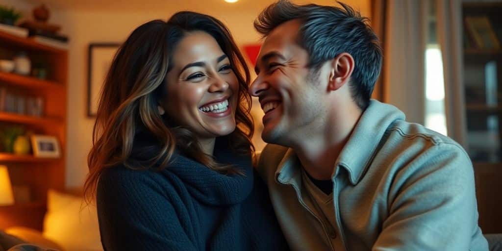 Dos personas sonriendo y conectando en un ambiente cálido.