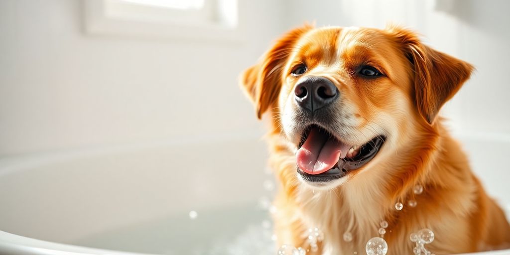 Perro feliz en la bañera disfrutando del baño.