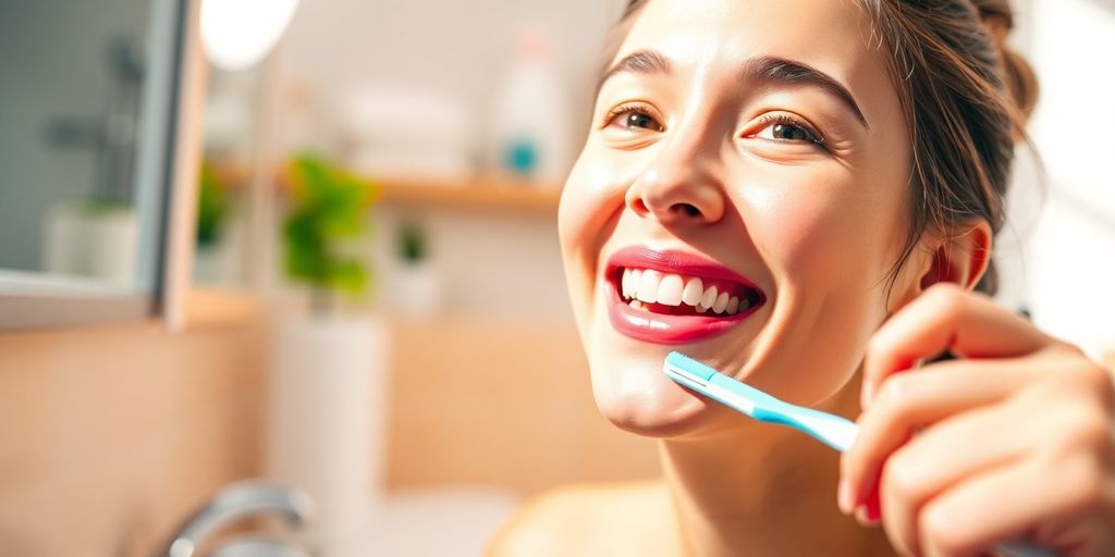 Persona sonriendo mientras se cepilla los dientes.
