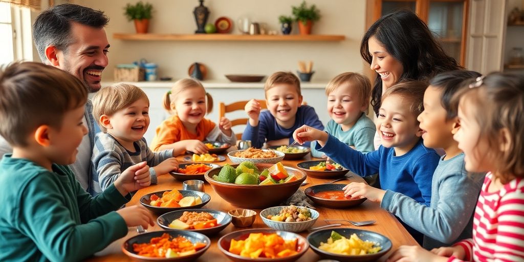 Familia riendo y disfrutando de una comida juntos.