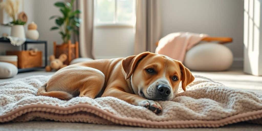 Perro tranquilo en una habitación acogedora y silenciosa.