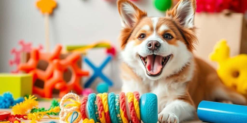 Perro feliz jugando con un juguete hecho en casa.