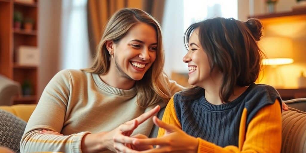 Dos personas sonriendo y disfrutando juntos en un ambiente cálido.