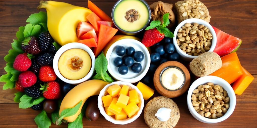 Variedad de snacks saludables y caseros en una mesa.