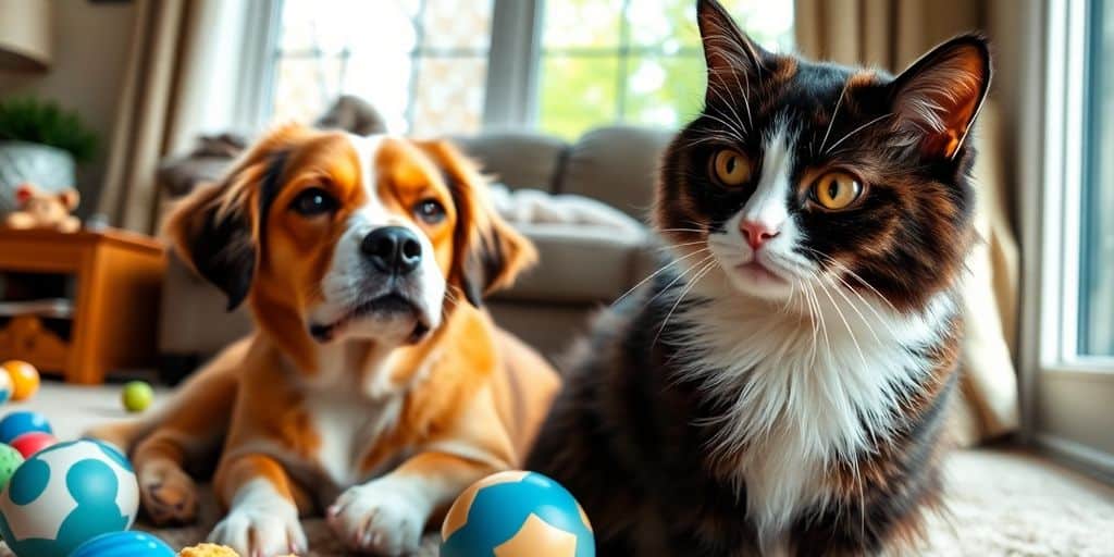 Perro y gato en casa, mostrando signos de aburrimiento.