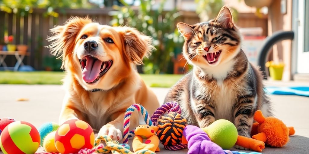 Perro y gato jugando con juguetes coloridos en el jardín.