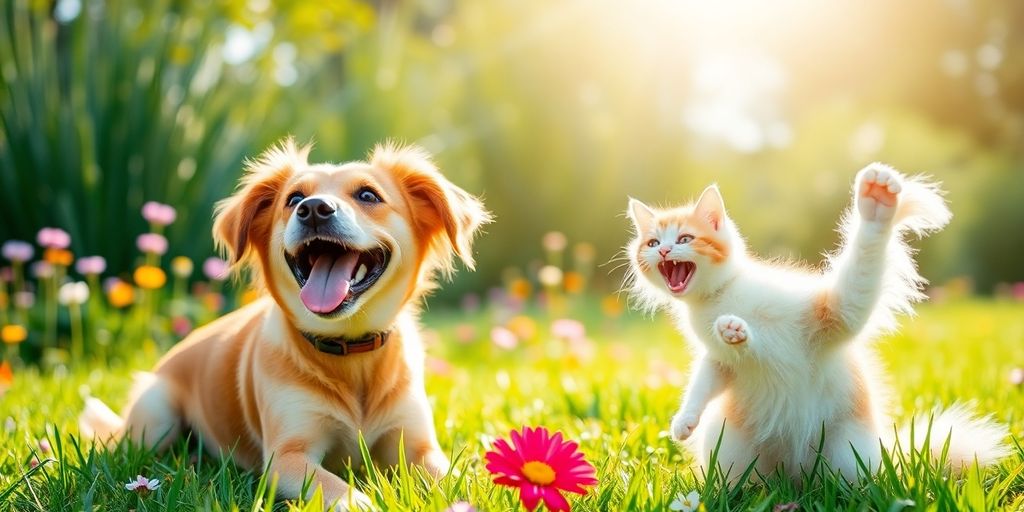 Perro y gato jugando en el campo, activos y felices.