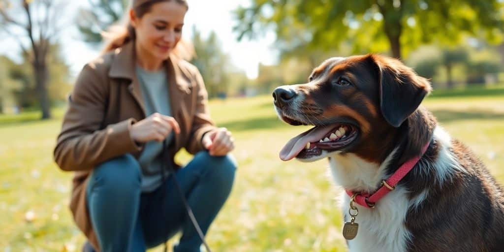 Dueño enseñando a su perro en un parque.