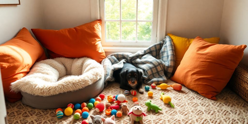 Rincón acogedor para perros y gatos con cama y juguetes.