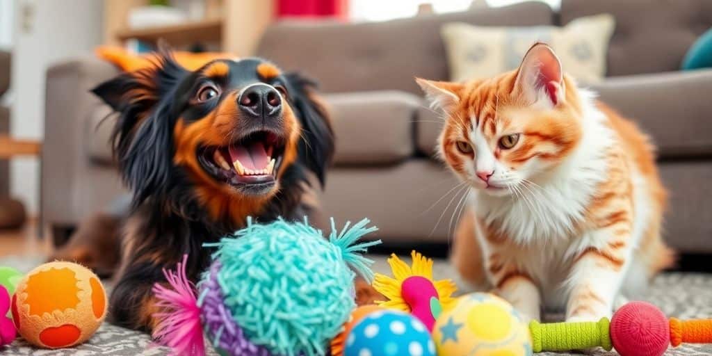 Perro y gato felices jugando con juguetes nuevos.