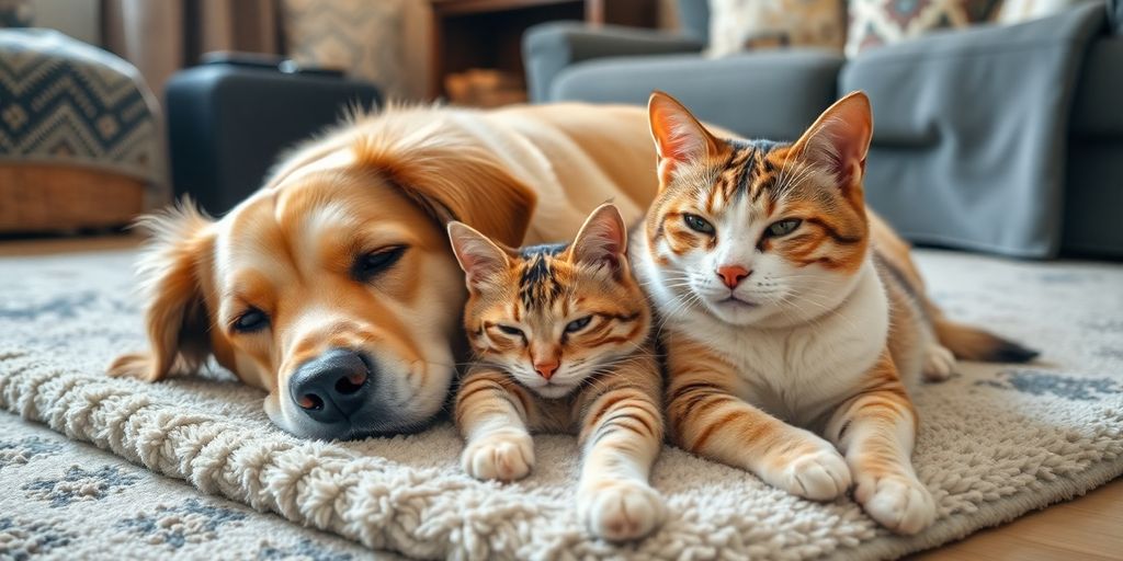 Un perro y un gato descansando juntos en casa.