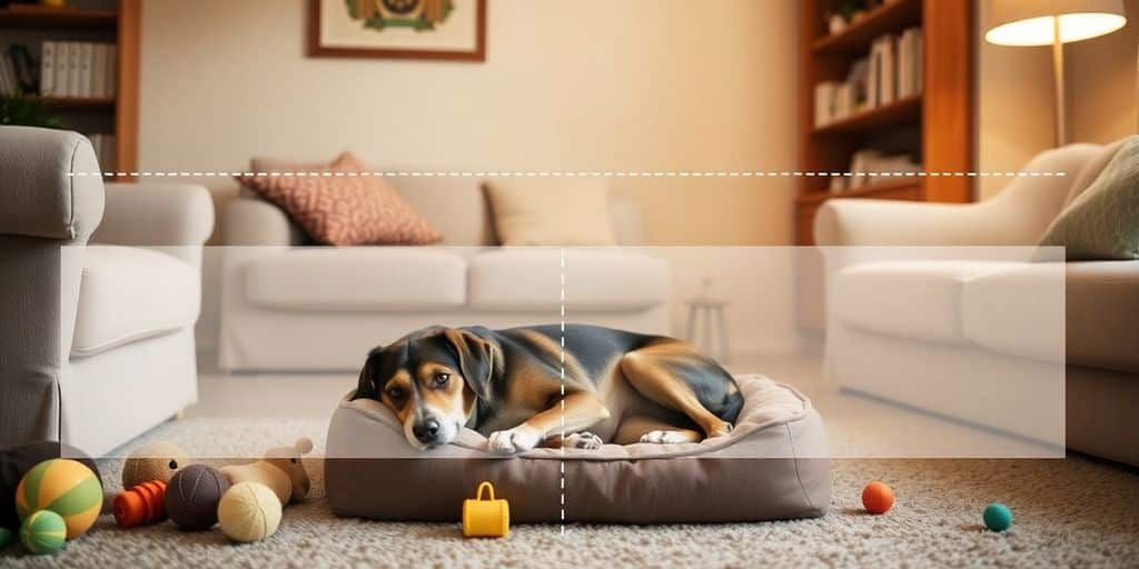 Perro descansando en casa con límites claros.