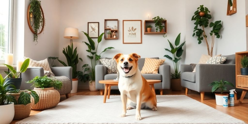 Sala de estar limpia con mascota y plantas frescas.