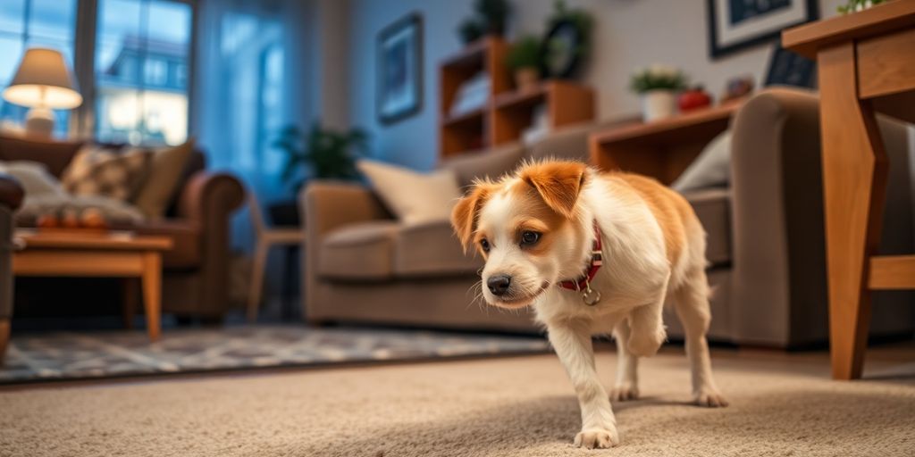 Um cachorrinho de pelo branco e marrom caminha sobre um tapete, perfeito para Cómo acostumbrar a tu mascota a nuevos espacios