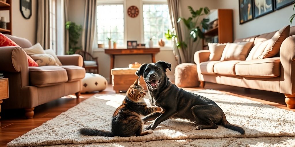 Um gato e um cachorro brincam no tapete de uma sala ensolarada - como adaptar sua casa para conviver com cães e gatos.