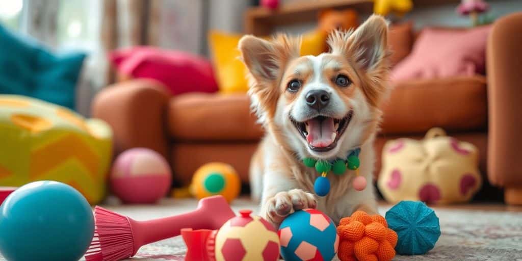 Cachorro feliz com orelhas empinadas e brinquedos em uma sala colorida, mostrando Cómo ayudar a tu mascota a gastar energía de forma positiva