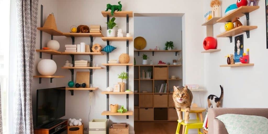 Uma aconchegante sala de estar mostra Cómo enriquecer el ambiente para gatos en departamentos, com gatos descansando e decoração lúdica.