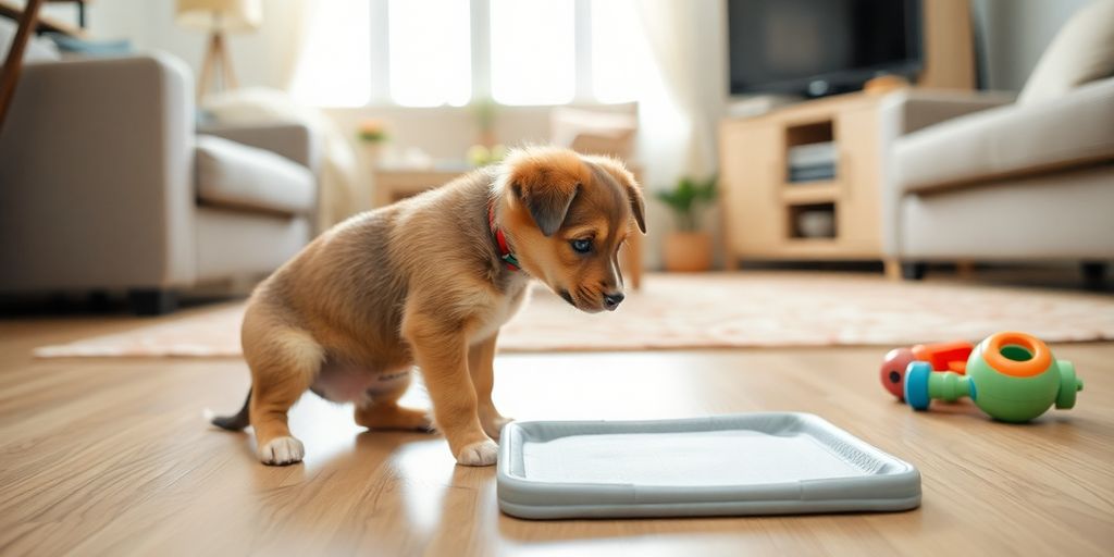 Um cachorrinho sentado no chão de madeira, perfeito para aprender como aprender seu mascote e fazer suas necessidades no lugar certo.