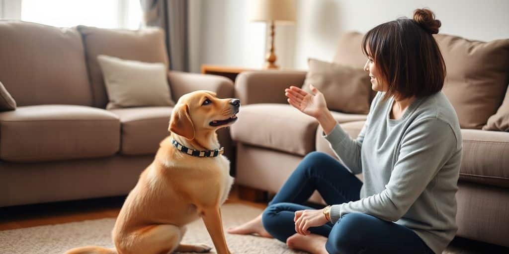 Mulher sentada no chão treinando um cachorro em Cómo enseñar a tu mascota a respetar tu espacio em uma aconchegante sala de estar.