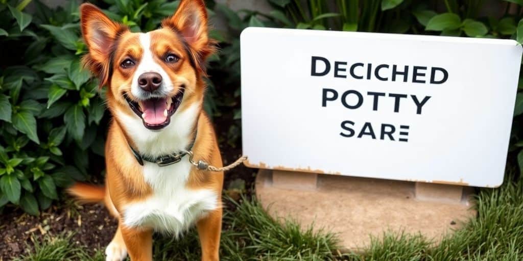 Cachorro feliz senta na grama perto de uma placa com letras confusas - Cómo enseñar a tu mascota a hacer sus necesidades en el lugar correcto