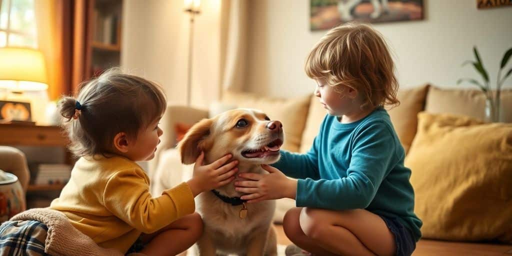 Duas crianças acariciam gentilmente um cachorro feliz, mostrando Cómo enseñar a tu mascota a respetar tu espacio