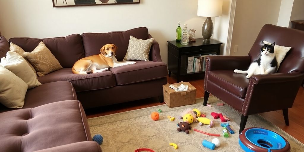 Um cachorro em um sofá e um gato em uma cadeira se perguntam: Como evitar que sua mascota se suba a los muebles (o no)?.
