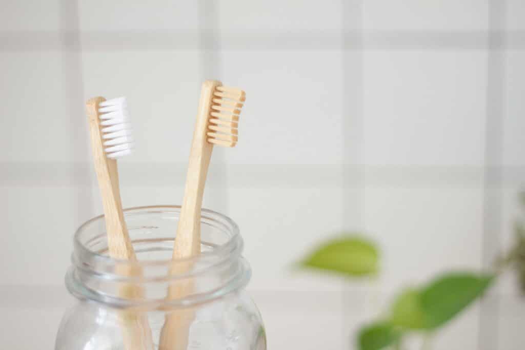 Dos cepillos de bambu em um vaso mostran como incluir o cepillado na rotina diária de cuidado pessoal.