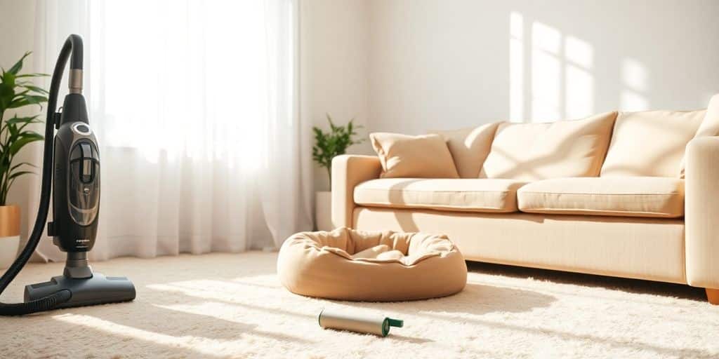 Um aspirador e rolo de fiapos - ferramentas perfeitas para como lidar com os pelos de mascotas na casa - em uma sala bem iluminada.
Cómo lidiar con los pelos de mascotas en la casa