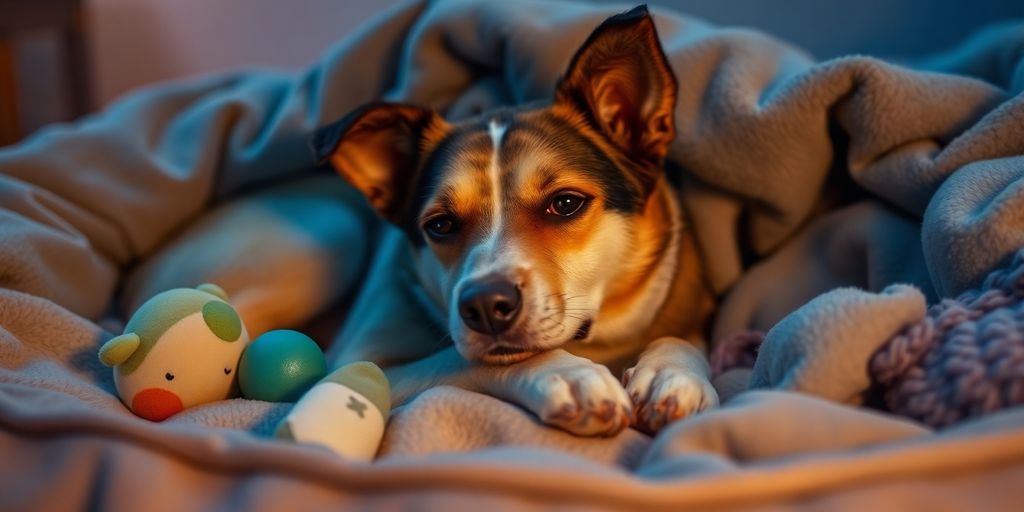 Um cachorro relaxado deitado em um cobertor aconchegante, mostrando Cómo mantener a tu mascota tranquila en días ruidosos.