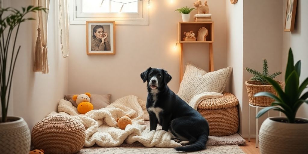 Cachorro preto senta-se calmamente em um cobertor aconchegante - perfeito para Cómo mantener a tu mascota tranquila en días ruidosos