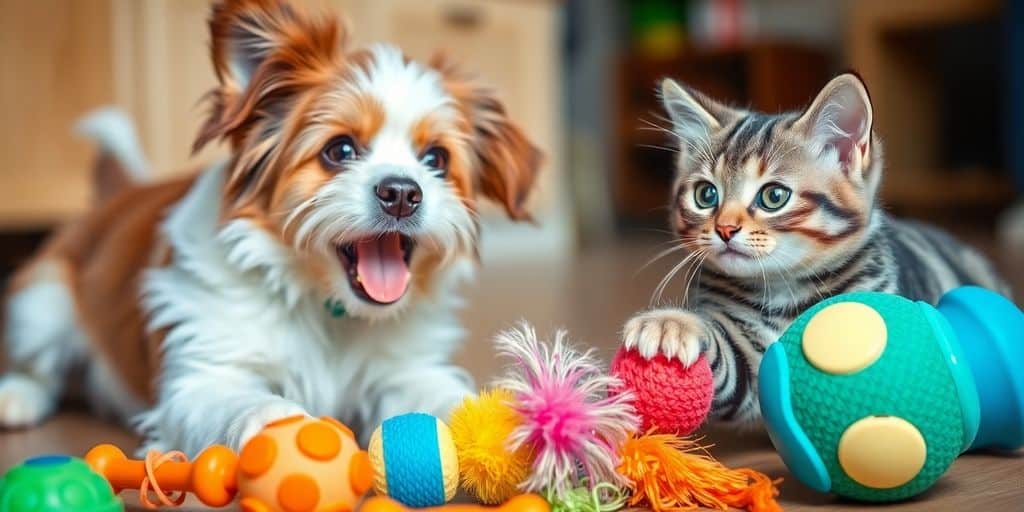 Cachorro e gatinho brincando juntos enquanto você descobre Cómo presentar juguetes nuevos a tus mascotas com brinquedos coloridos.