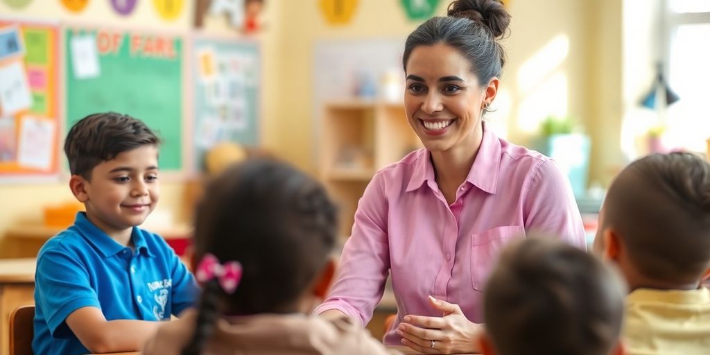 Um professor sorridente usa o reabastecimento positivo enquanto está sentado com alunos jovens em uma sala de aula colorida. Cómo usar el refuerzo positivo en la vida diaria