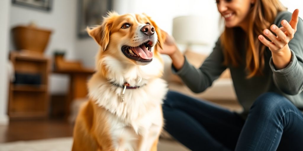Um cachorro feliz fica sentado dentro de casa enquanto uma mulher dá Consejos para enseñar comandos básicos en casa