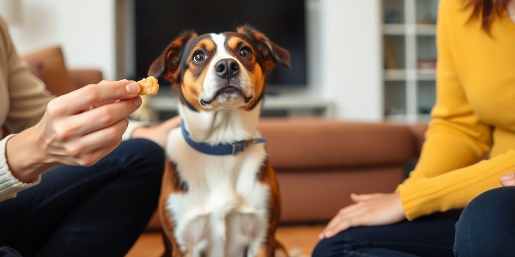 Um cachorro olha atentamente para uma guloseima, perfeito para conselhos para aprender comandos básicos em casa.