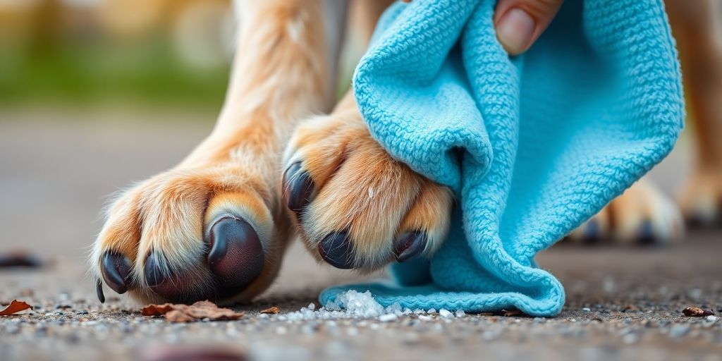 Cuidados diários das patitas dos cães após o passeio: limpe com um pano azul depois de sair para caminhar.