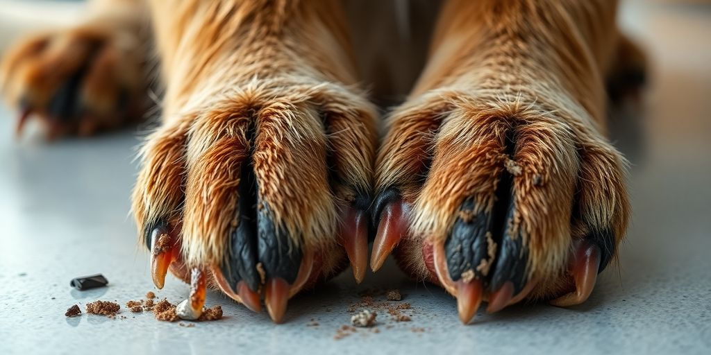 Close das patas dianteiras de um cachorro com unhas compridas, perfeitas para mostrar Cuidados diarios de las patitas de los perros después del paseo
