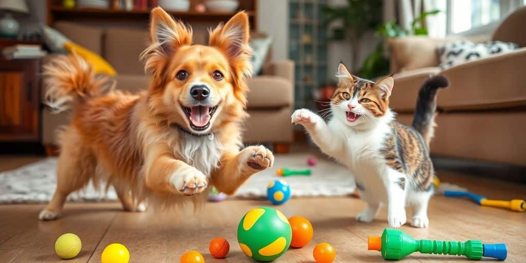 Um cachorro feliz e um gato brincalhão aproveitam os Ejercicios diarios para mantener activa a tu mascota com brinquedos coloridos no chão.