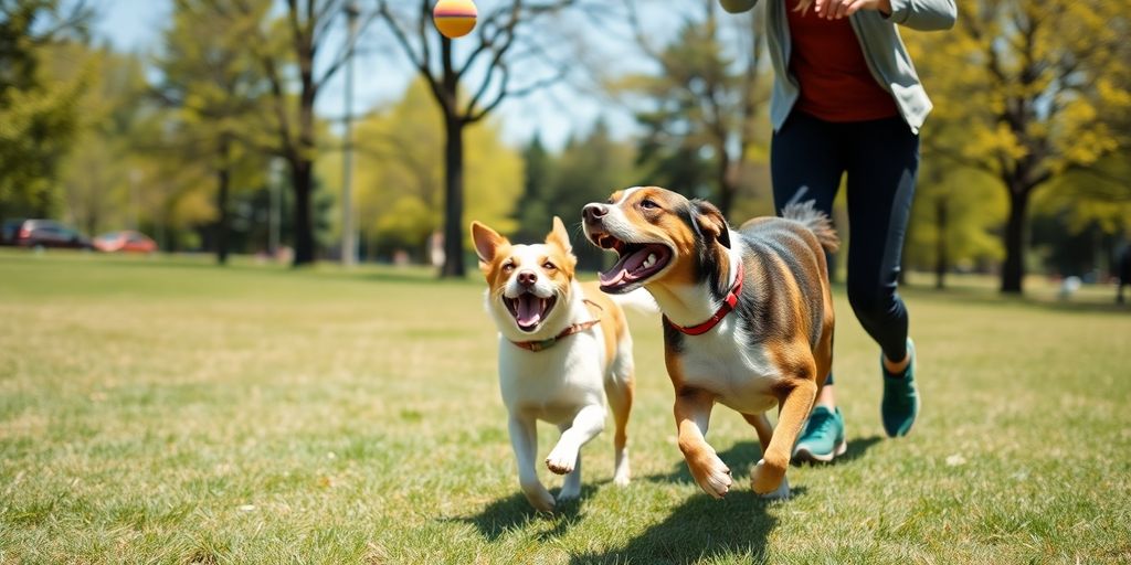 Dos perros felices jogam em um parque soleado: Ejercicios diarios para mantener activa a tu mascota