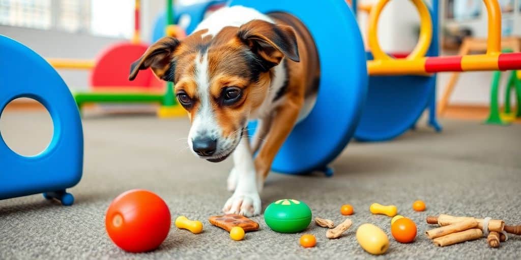 Um cachorro rasteja por um túnel azul em direção a brinquedos coloridos – jogos para estimular o olfato dos cães em casa.