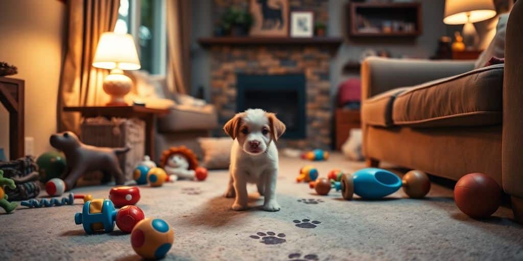 Um cachorrinho sentado em um tapete com brinquedos oferece ideias sobre o Qué hacer si tu mascota hace lío en casa