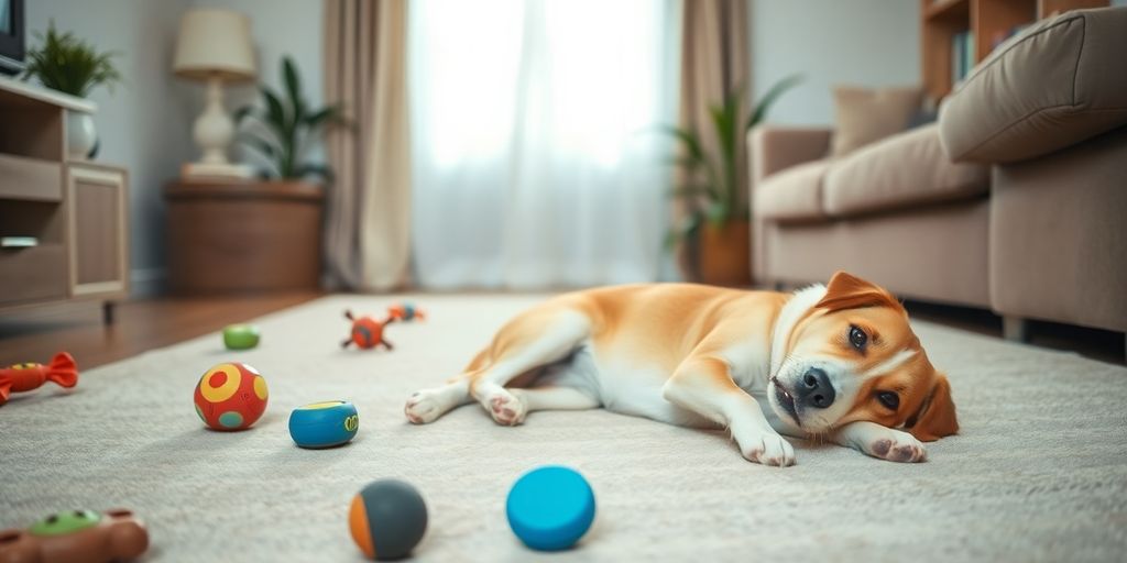 Um cachorro deitado no tapete de uma sala de estar - Qué hacer si tu mascota hace lío en casa com seus brinquedos coloridos.