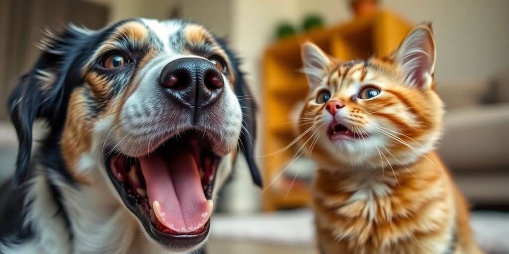 Um cachorro feliz com a língua de fora sentado ao lado de um gatinho malhado surpreso - Qué hacer si tu mascota ladra o maúlla demasiado